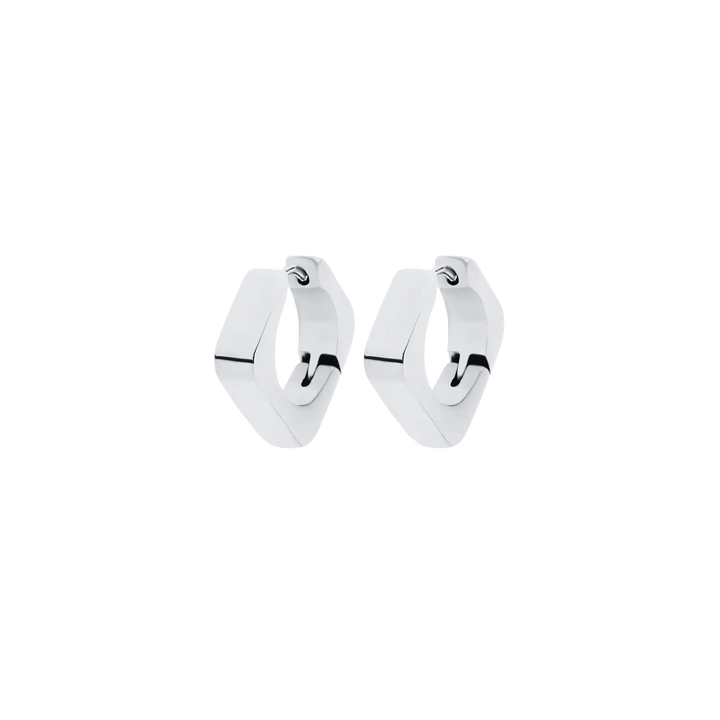Silver geometric hoop earrings with a bold, modern design, featuring a sleek angular shape. ||| SILVER