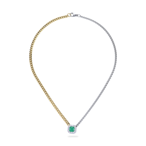 The Mixed Emerald Chain, a gold and silver chain featuring a single emerald stone accented with a diamond-like halo.