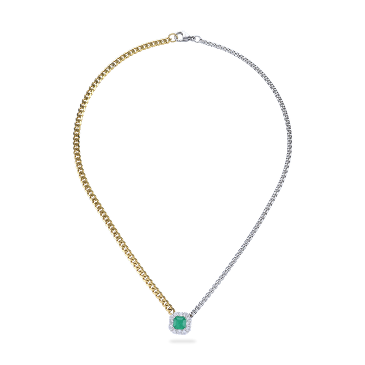 The Mixed Emerald Chain, a gold and silver chain featuring a single emerald stone accented with a diamond-like halo.