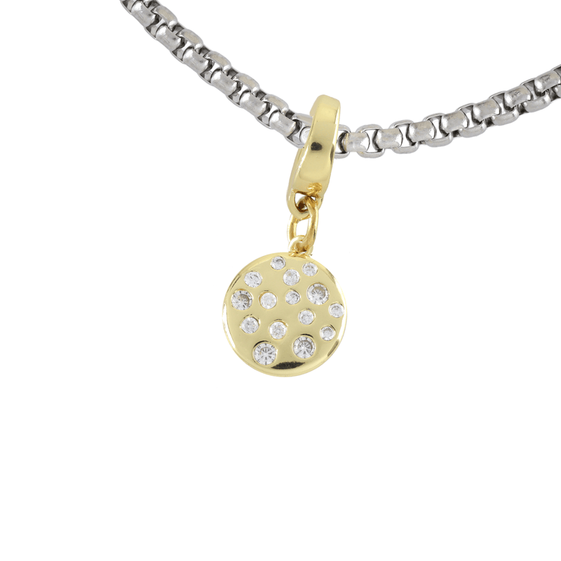 Stainless steel chain with the Dalmatian Bulky Charm which is made of 18K gold plated sterling silver with encrusted zirconia circle charm.