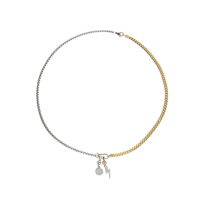 The Link Cuban Lightning Charm Necklace, a two-tone chain necklace featuring half silver and half gold chain with a lightning bolt charm and a circle charm accented with cubic zirconia. ||| MIX