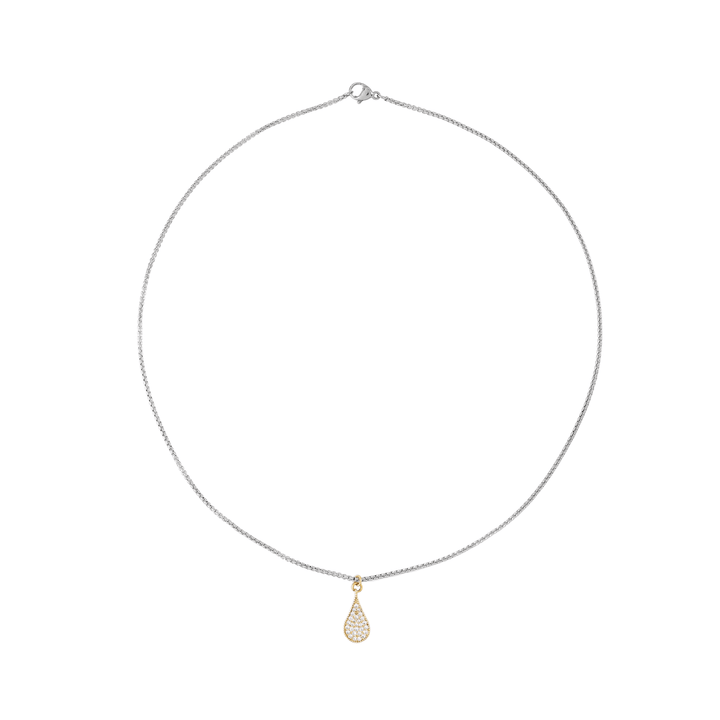 The RAINDROP NECKLACE which is made of 1mm wide Stainless steel chain with 18K gold plated sterling silver pave drop charm.