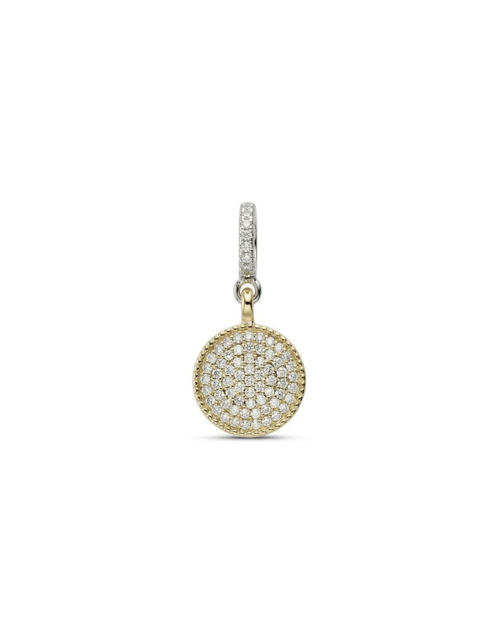 The Circle Clip-On Charm, which is a two-toned charm featuring a circular gold pendant paved with sparkling diamonds and a silver clip embellished with a row of smaller diamonds.