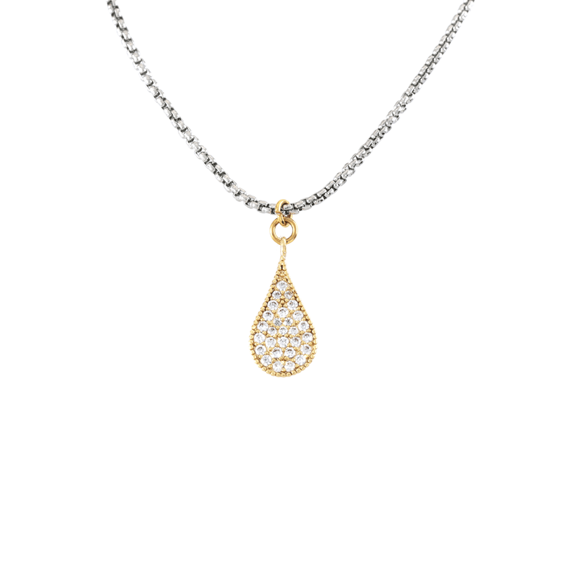 The RAINDROP NECKLACE which is made of 1mm wide Stainless steel chain with 18K gold plated sterling silver pave drop charm.