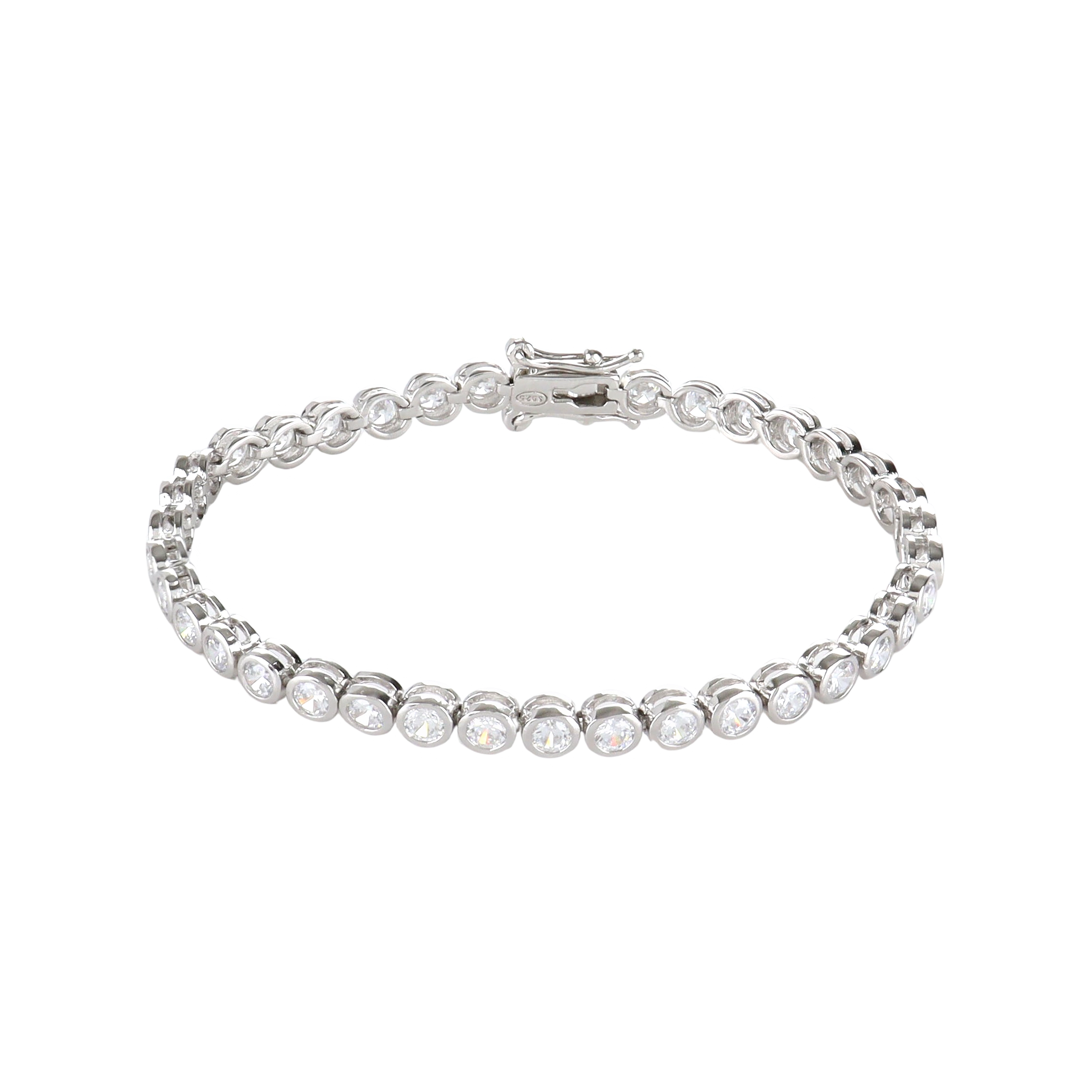 BUBBLE TENNIS BRACELET which is classic Tennis Bracelet featuring a row of 3mm Moissanite round diamonds set in a silver band