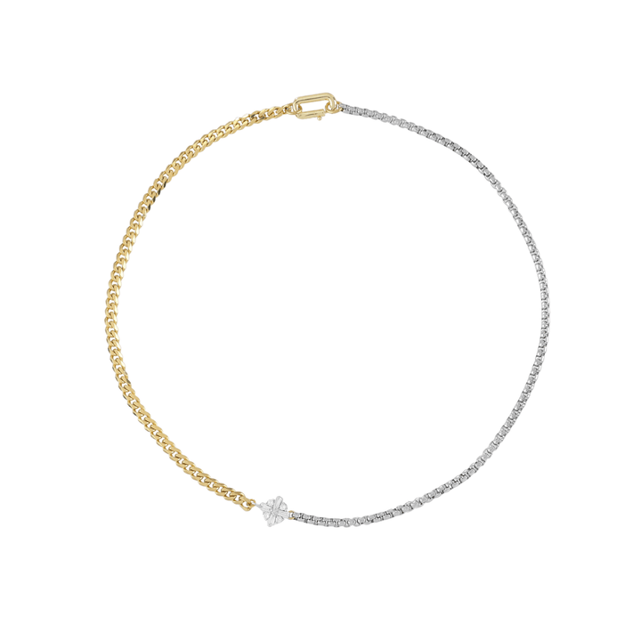 The FUSION NECKLACE is made of mixed Stainless steel chain and18k gold plated cuban chain connected with a Sterling Silver rhombus zirconia charm. ||| MIX