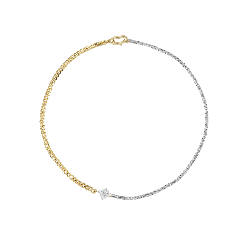 The FUSION NECKLACE is made of mixed Stainless steel chain and18k gold plated cuban chain connected with a Sterling Silver rhombus zirconia charm.