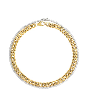 The TENNIS AND THE CURB CHAIN LAYERED NECKLACE SET which is a two-piece layered necklace stack featuring a gold chunky chain and a silver tennis necklace with round-cut stone. ||| GOLD