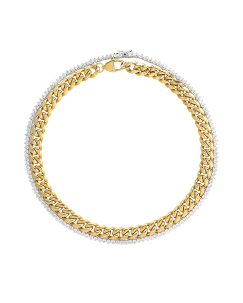 The TENNIS AND THE CURB CHAIN LAYERED NECKLACE SET which is a two-piece layered necklace stack featuring a gold chunky chain and a silver tennis necklace with round-cut stone. ||| GOLD
