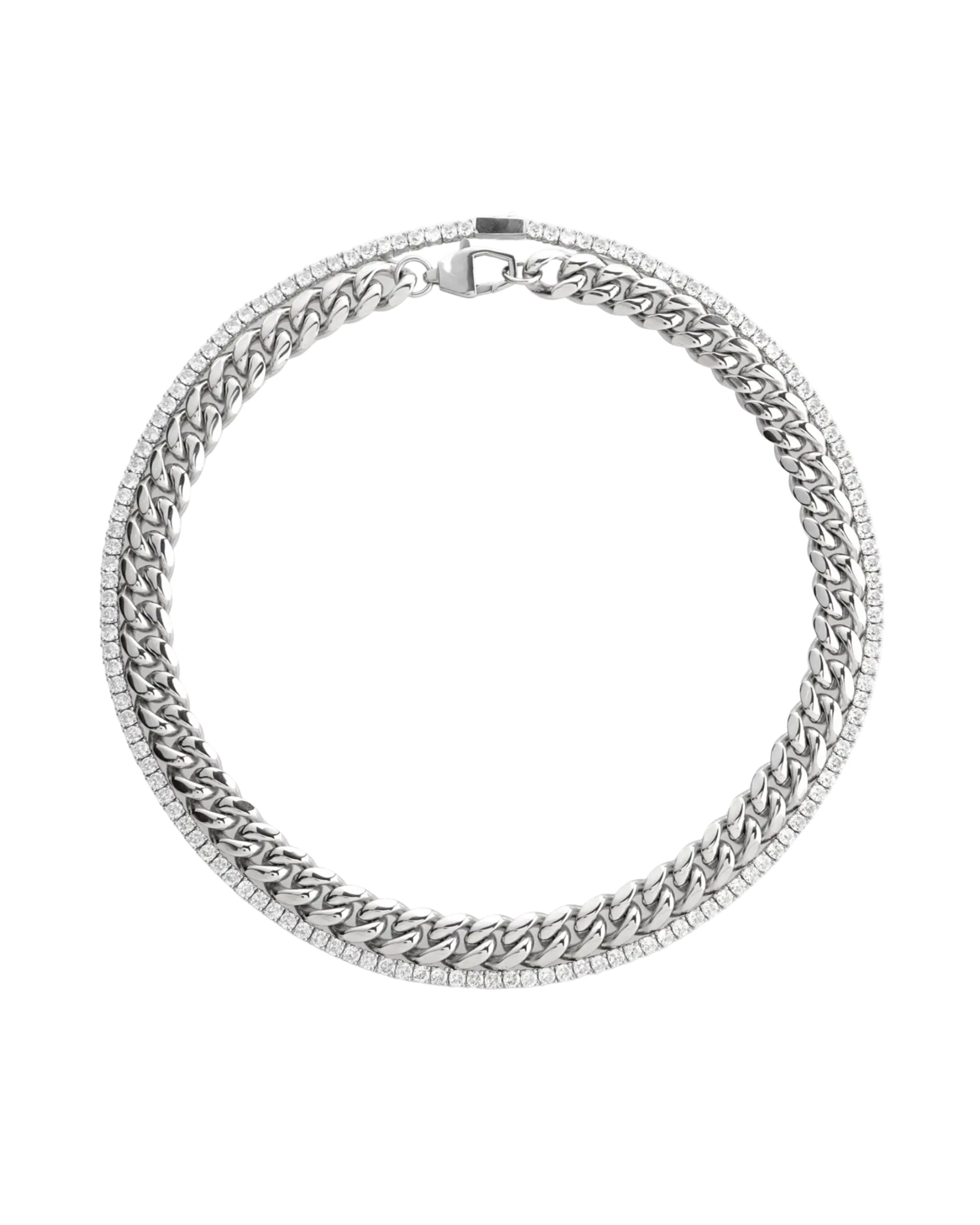 The TENNIS & THE CURB CHAIN Layered Necklace Set in Silver featuring two mixed metal chains: a bold silver-tone curb chain and a silver-tone pavé tennis chain for a statement layered look. ||| SILVER