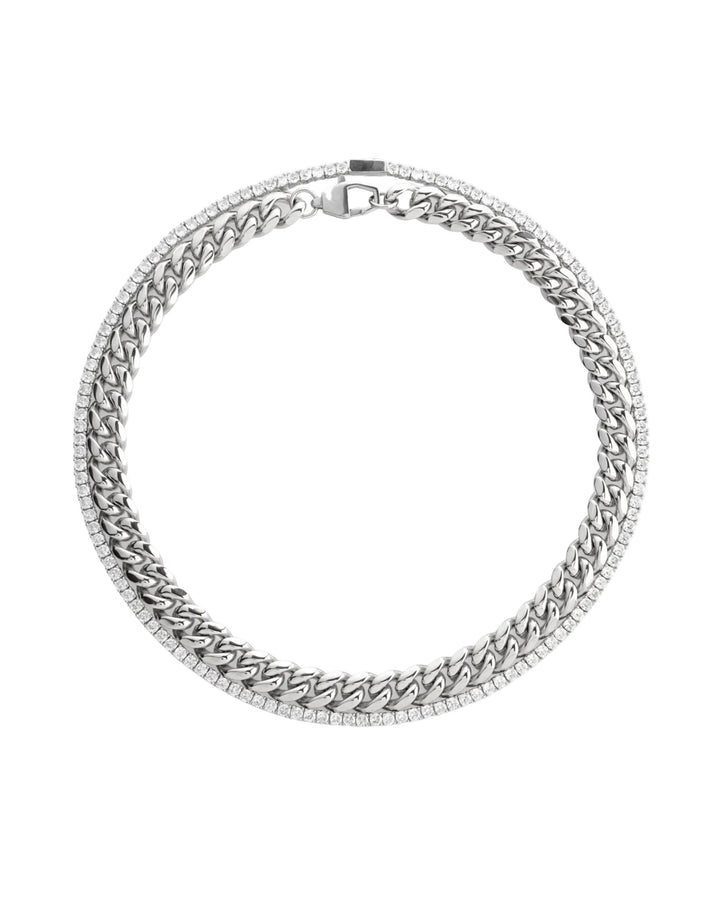 The TENNIS & THE CURB CHAIN Layered Necklace Set in Silver featuring two mixed metal chains: a bold silver-tone curb chain and a silver-tone pavé tennis chain for a statement layered look. ||| SILVER