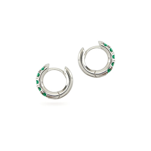 The Eternity Emerald Hoops, a pair of silver hoops featuring emerald accents.