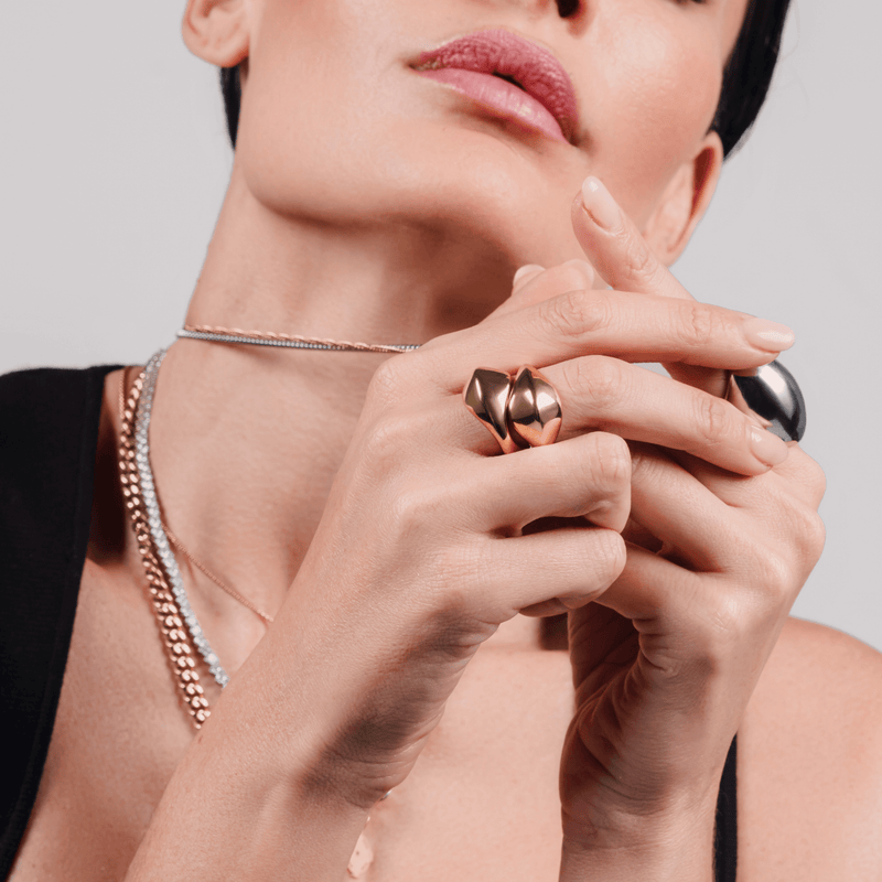 Model wearing the Chunky Dome Ring Set featuring two bold gold rings with a sculptural dome design, perfect for layering or standalone statements. 