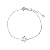 The Fine Guiding Star Bracelet, a delicate silver chain bracelet featuring a star-shaped charm encrusted with sparkling crystals. This elegant piece brings a celestial-inspired touch to any outfit, perfect for wearing alone or layered with other bracelets for a versatile, meaningful look.