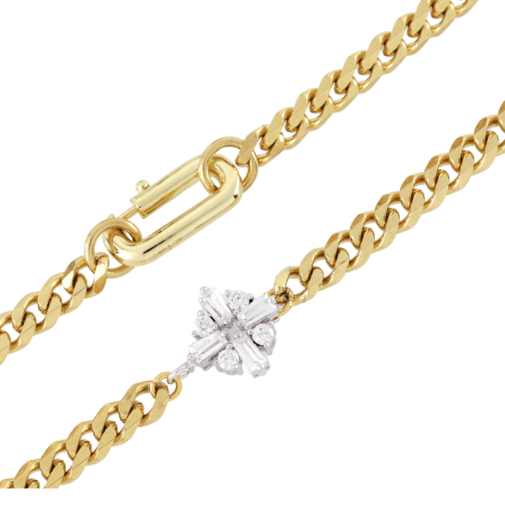 The FUSION NECKLACE is made of 18k gold plated cuban chain with a Sterling Silver rhombus zirconia charm. ||| GOLD