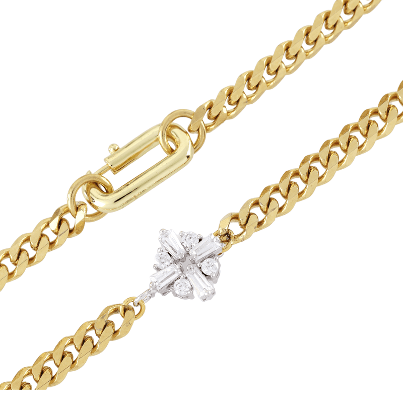 The FUSION NECKLACE is made of 18k gold plated cuban chain with a Sterling Silver rhombus zirconia charm.