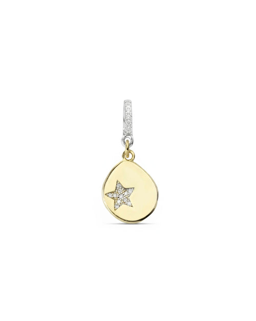 The Drop Star Clip On Charm, a gold charm with a teardrop shape, a diamond-encrusted star, and a silver clip-on bale.