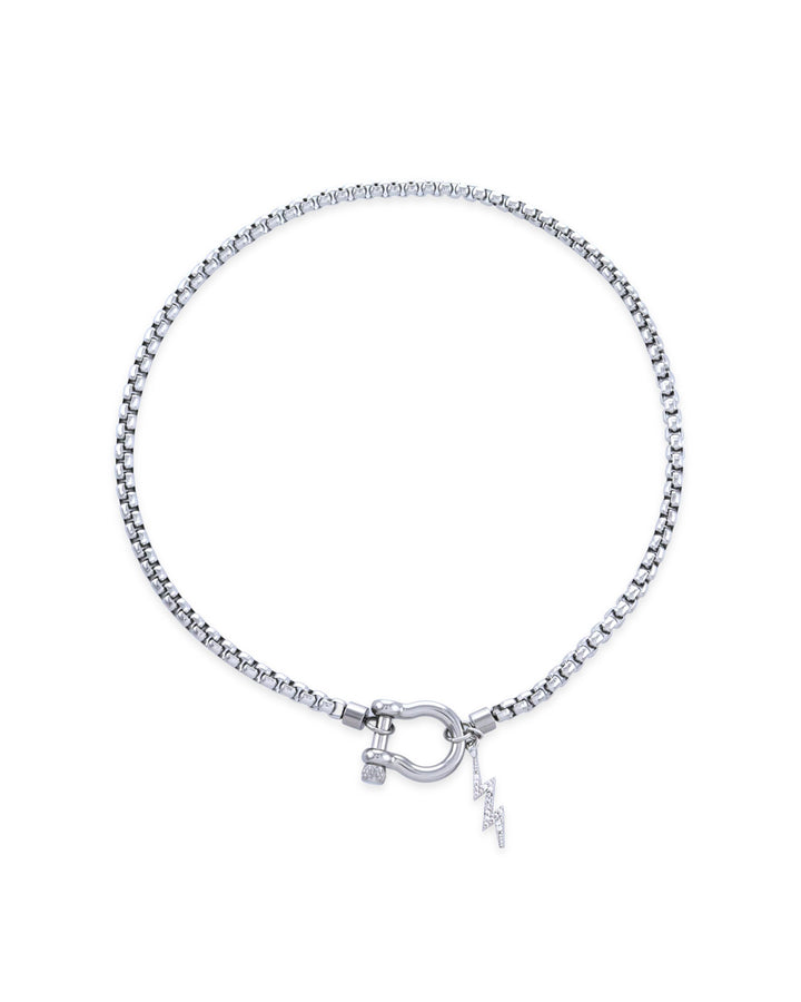 The Herradura Thunder Necklace - Silver, a silver necklace with a lightning bolt charm and a unique horseshoe clasp.