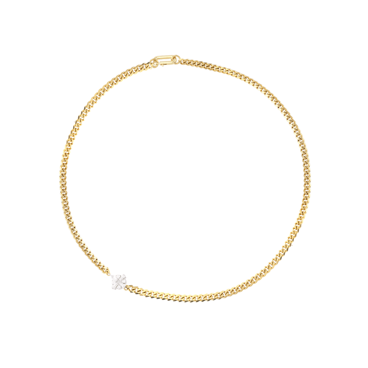 The FUSION NECKLACE is made of 18k gold plated cuban chain with a Sterling Silver rhombus zirconia charm. ||| GOLD