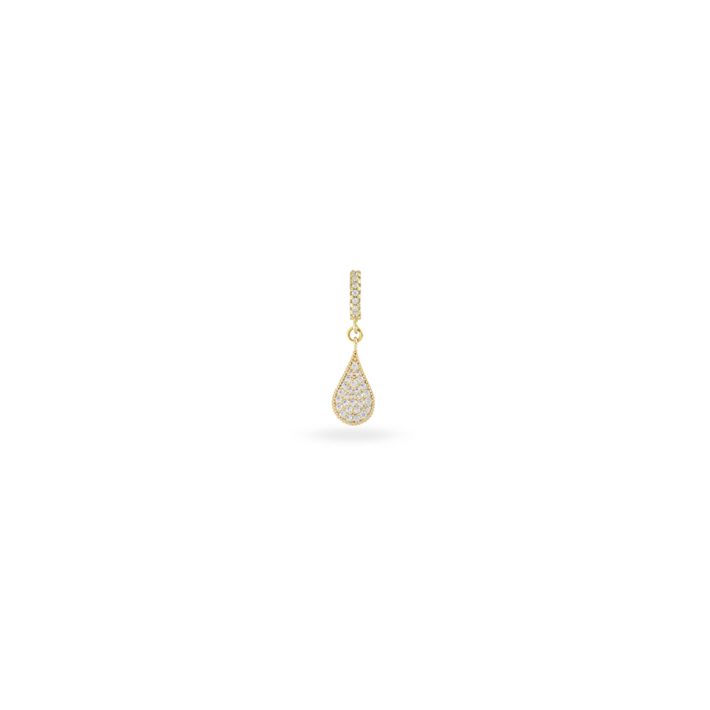 The JUST CLICK DROP CHARM which is made of Sterling silver 18k gold plated encrusted zirconia drop pave charm.