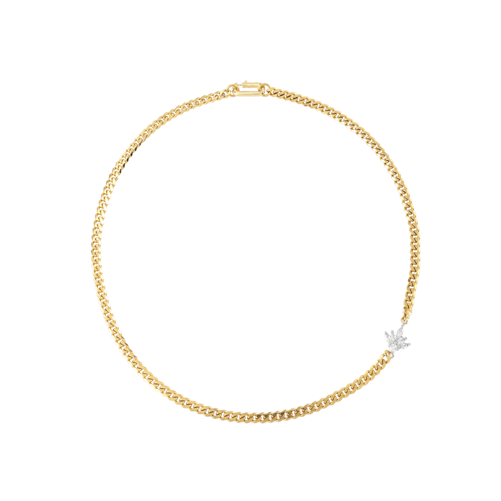 The FUSION IRIS NECKLACE is made of 18k gold plated cuban chain with a Sterling Silver lotus shaped zirconia charm. ||| GOLD