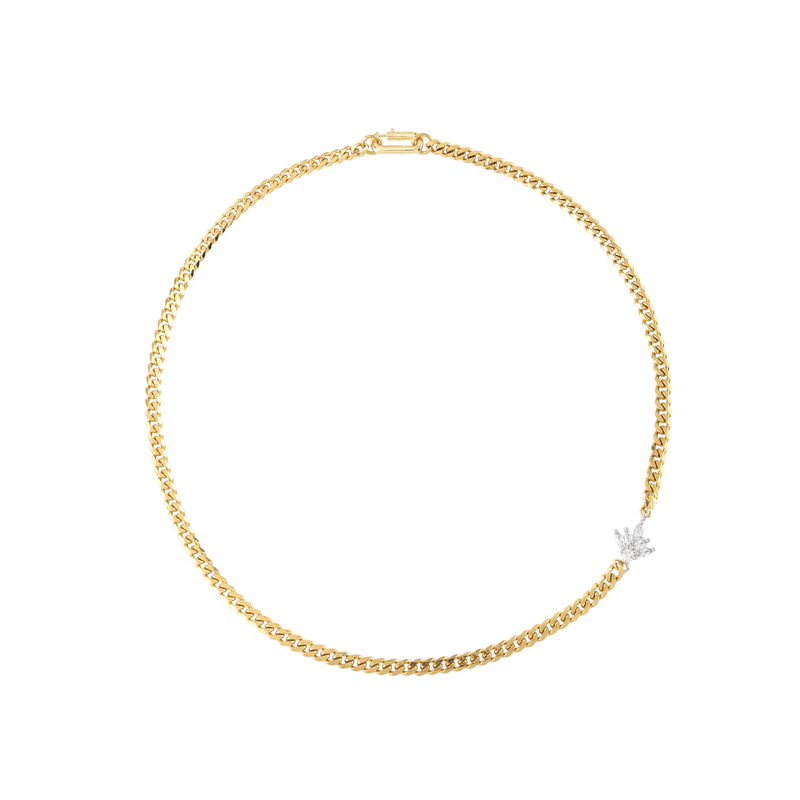 The FUSION IRIS NECKLACE is made of 18k gold plated cuban chain with a Sterling Silver lotus shaped zirconia charm. 