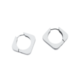 Silver geometric hoop earrings with a bold, modern design, featuring a sleek angular shape. ||| SILVER