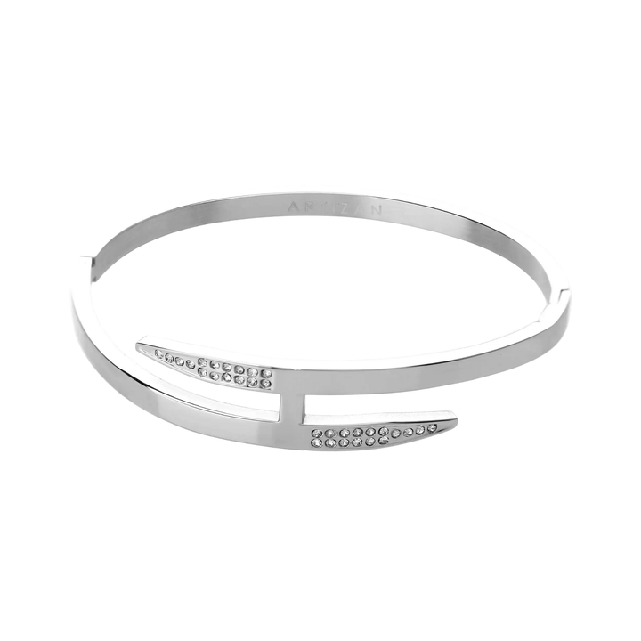 The ARROW SHINI, a stylish silver bracelet featuring a sleek, angular design with sparkling crystal accents. 