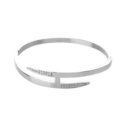 The ARROW SHINI, a stylish silver bracelet featuring a sleek, angular design with sparkling crystal accents. 