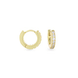 The Mini Clear Huggies, a pair of small gold hoop earrings with sparkling clear cubic zirconia stones.||| GOLD