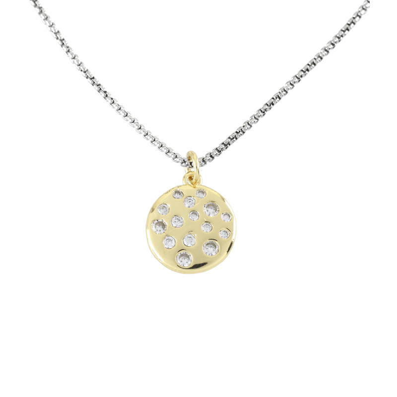 The DALMATIAN NECKLACE which is made of 1mm wide Stainless steel chain with 18K gold plated sterling silver with encrusted zirconia charm.