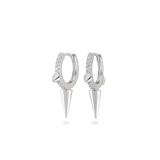 The One Shot Earring, a pair of silver hoop earrings featuring diamond-like accents and spike charms. ||| SILVER
