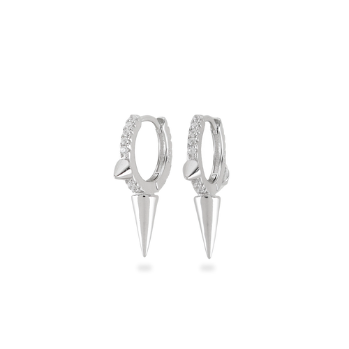 The One Shot Earring, a pair of silver hoop earrings featuring diamond-like accents and spike charms. ||| SILVER