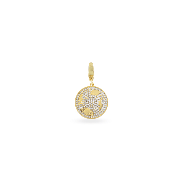 The SPACE PAVE BULKY CHARM which is made of 18K gold plated sterling silver with encrusted zirconia circle charm with space details.