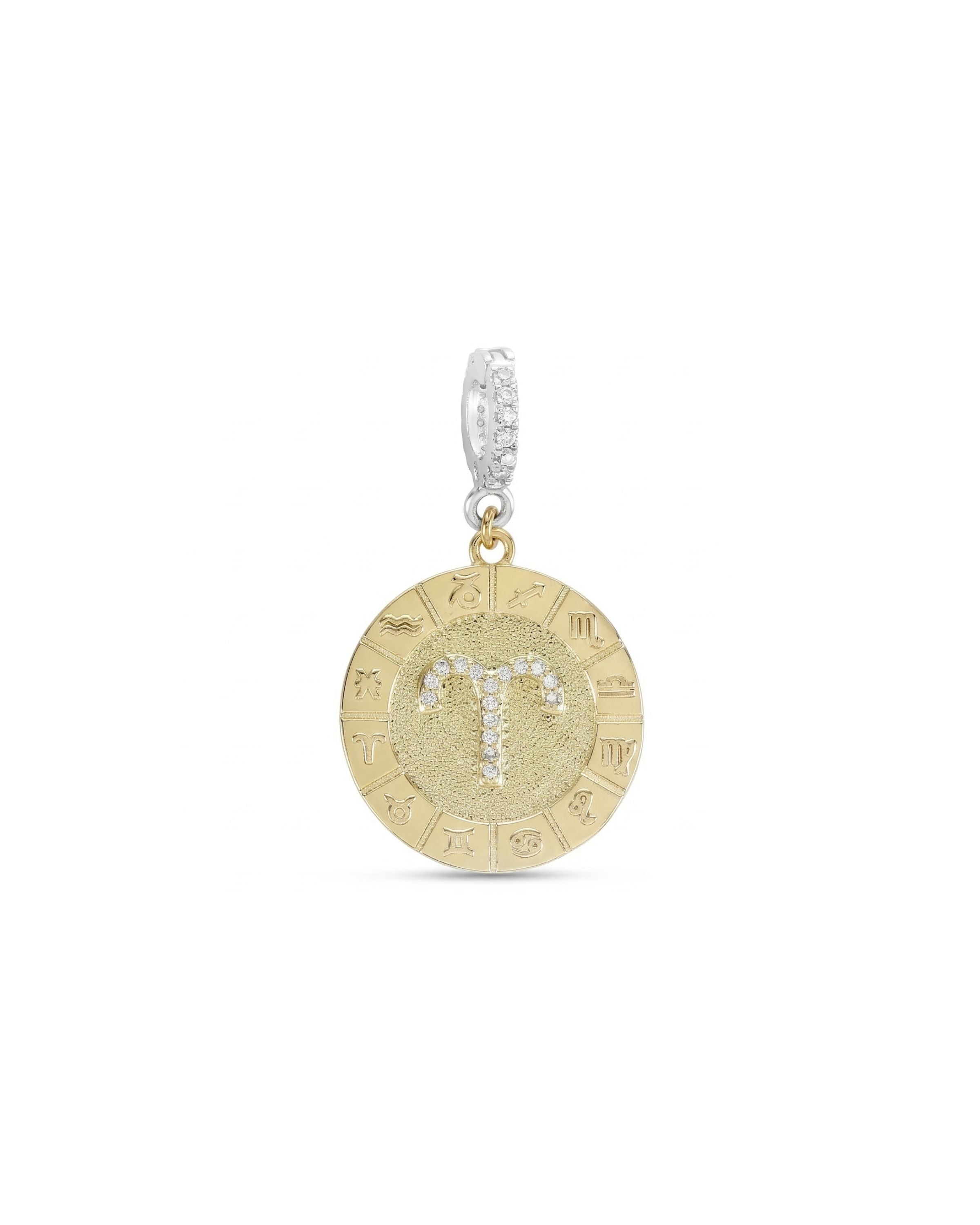 The Zodiac Clip On Charm, a gold charm with the Aries zodiac symbol and cubic zirconia accents. ||| ARIES/MIX