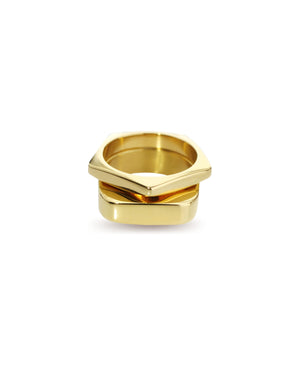 The SHAPE STACK RING which includes 2 18k Gold plated rings. One is the Rhombus ring with the shape of pentagon and the other is the RECTANGLE RING.