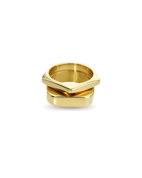 The SHAPE STACK RING which includes 2 18k Gold plated rings. One is the Rhombus ring with the shape of pentagon and the other is the RECTANGLE RING.