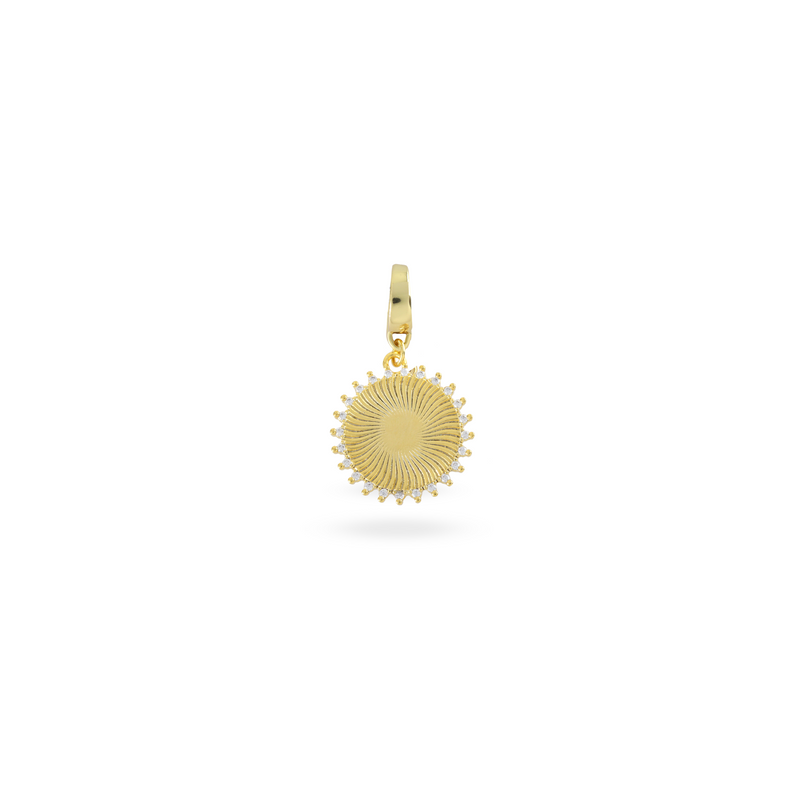 The SUNSHINE BULKY CHARM which is made of 18K gold plated sterling silver with encrusted zirconia sunburst charm.