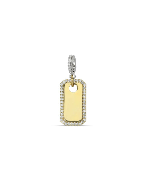 The PLAQUE CLIP ON CHARM which is made of Pave Clip on Stainless steel 18k gold plated pave plaque.