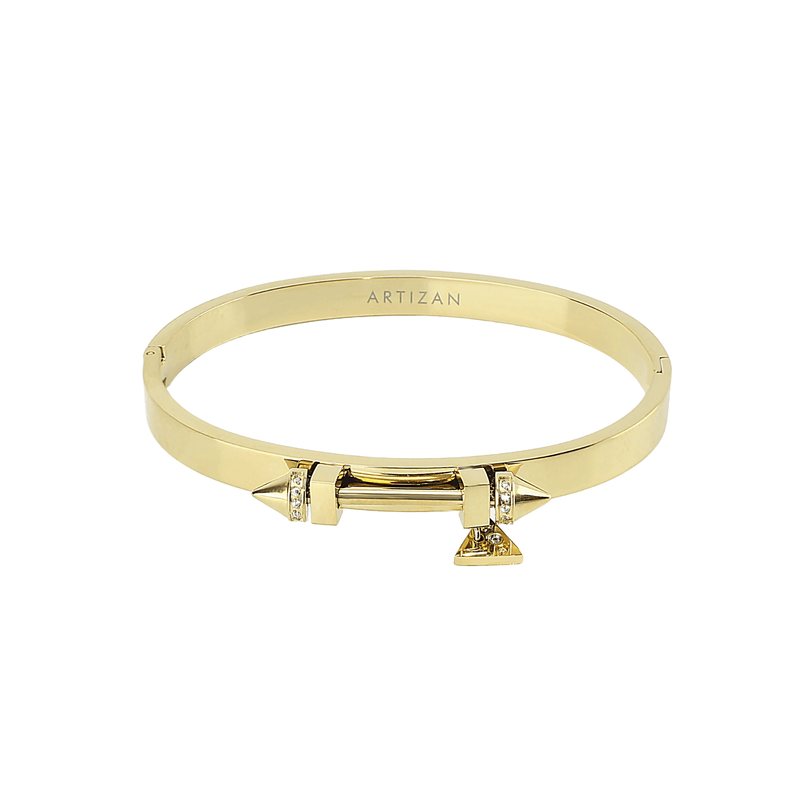 The Sasha's bangle made of 18K gold plated 316L Stainless steel. It has a bar design on top with two spikes on each end. It has zirconia details and triangle charm as well.