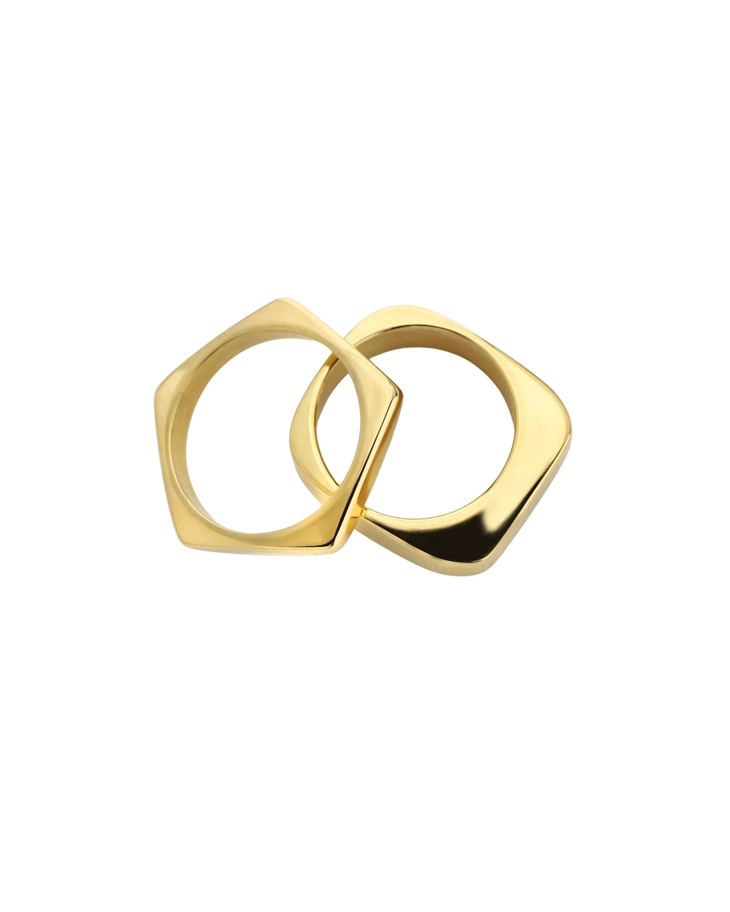 The SHAPE STACK RING which includes 2 18k Gold plated rings. One is the Rhombus ring with the shape of pentagon and the other is the RECTANGLE RING.