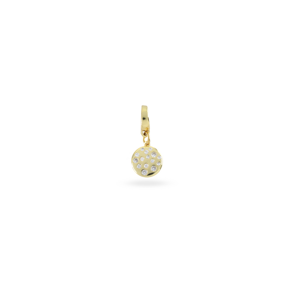 The Dalmatian Bulky Charm which is made of 18K gold plated sterling silver with encrusted zirconia circle charm.