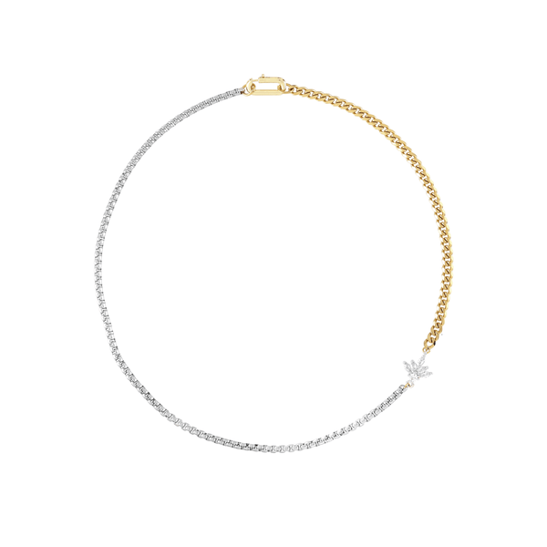 The FUSION IRIS NECKLACE is made of mixed Stainless steel chain and18k gold plated cuban chain connected with a Sterling Silver lotus shaped zirconia charm. 