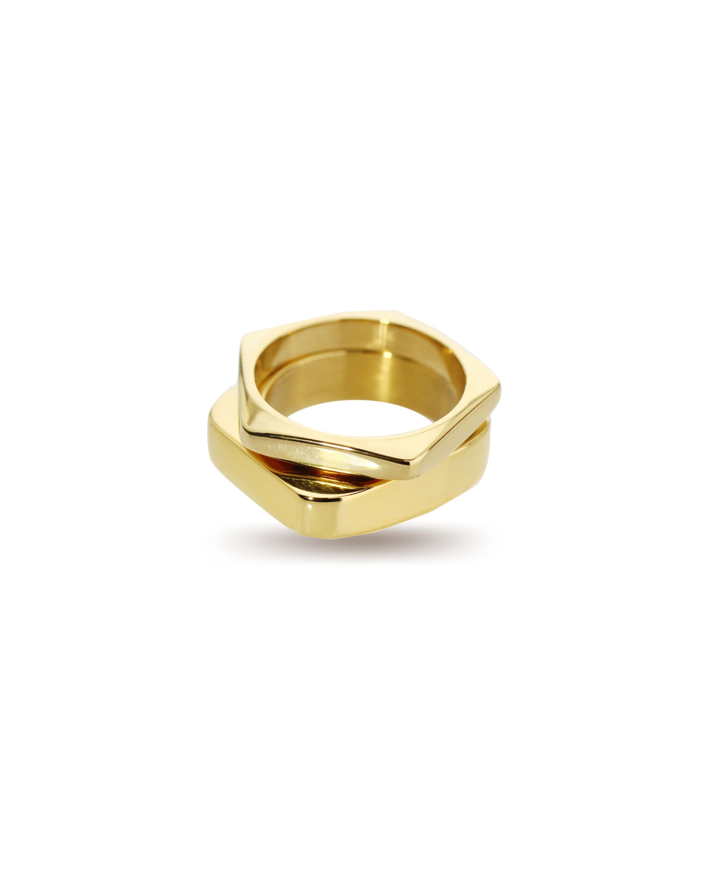 The SHAPE STACK RING which includes 2 18k Gold plated rings. One is the Rhombus ring with the shape of pentagon and the other is the RECTANGLE RING.