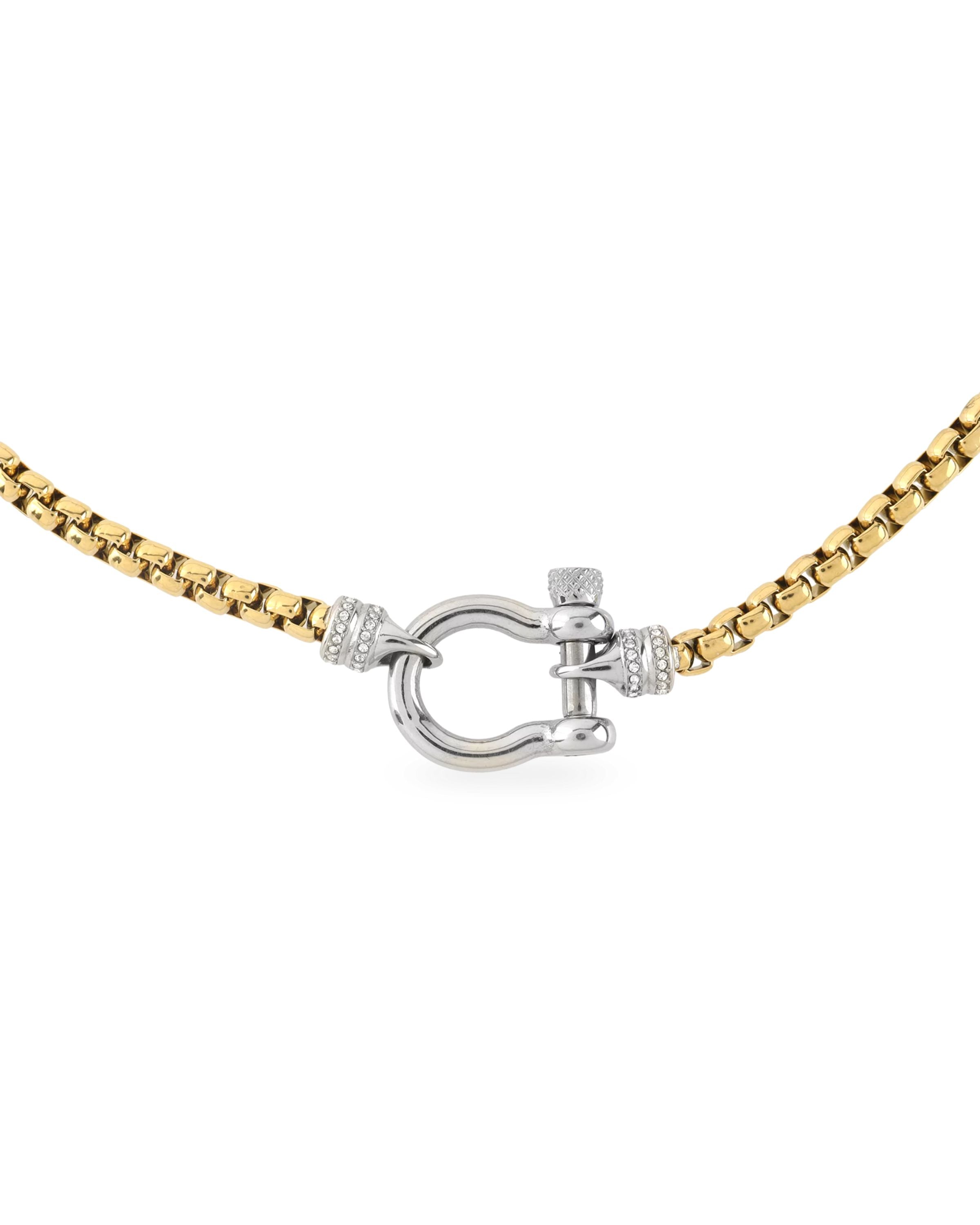The Herradura Signature Pave Mix, a gold necklace featuring a box chain with a silver horseshoe clasp accented with pave-set diamond-like stones.  |||Silver