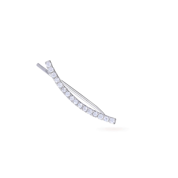 The DRAGON-FLY SINGLE CLIMBER EARRING, which is a delicate silver ear climber, features a sleek curved design adorned with sparkling stones. This single-piece earring adds a modern and elegant touch to any look, perfect for stacking with other earrings or wearing alone for minimalist sophistication.