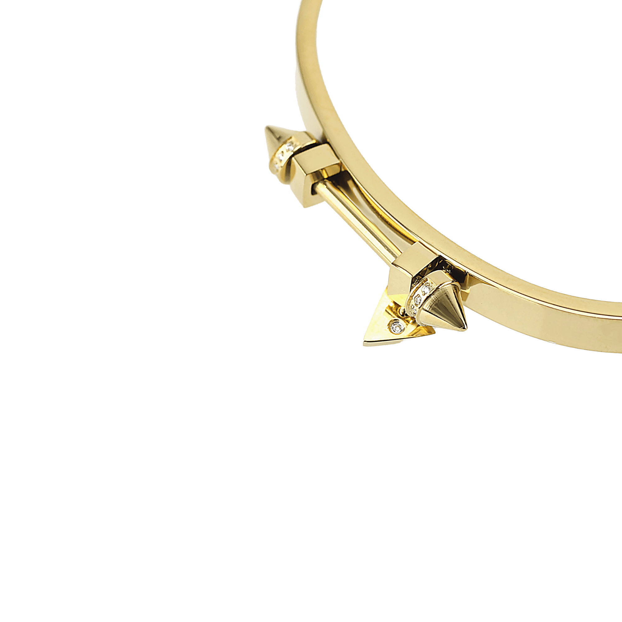 The Sasha's bangle made of 18K gold plated 316L Stainless steel with three pointed, cone-shaped embellishments accented with small sparkling stones. ||| GOLD