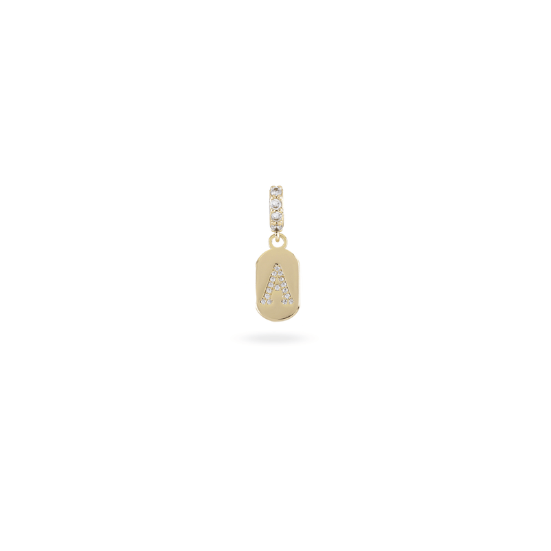 The LETTER JUST CLICK CHARM which is made of gold filled encrusted zirconia initial.
