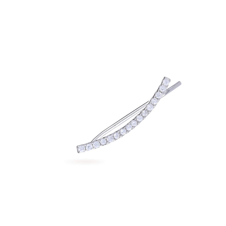 The DRAGON-FLY SINGLE CLIMBER EARRING, which is a delicate silver ear climber, features a sleek curved design adorned with sparkling stones. This single-piece earring adds a modern and elegant touch to any look, perfect for stacking with other earrings or wearing alone for minimalist sophistication.