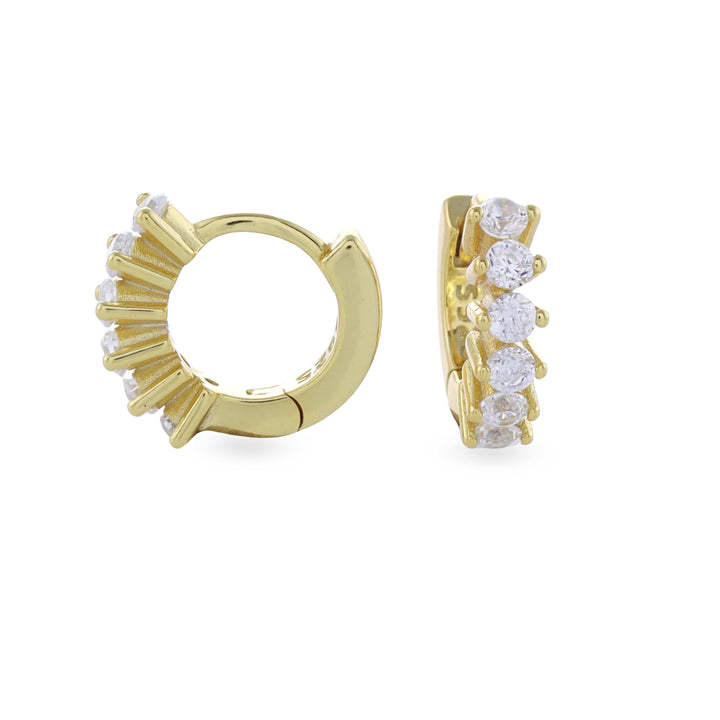 The TINY HUGGIES which is made of 18K gold plated huggies earring covered in Cubic zirconia and has an outer diameter size of 0.9 mm.||| GOLD